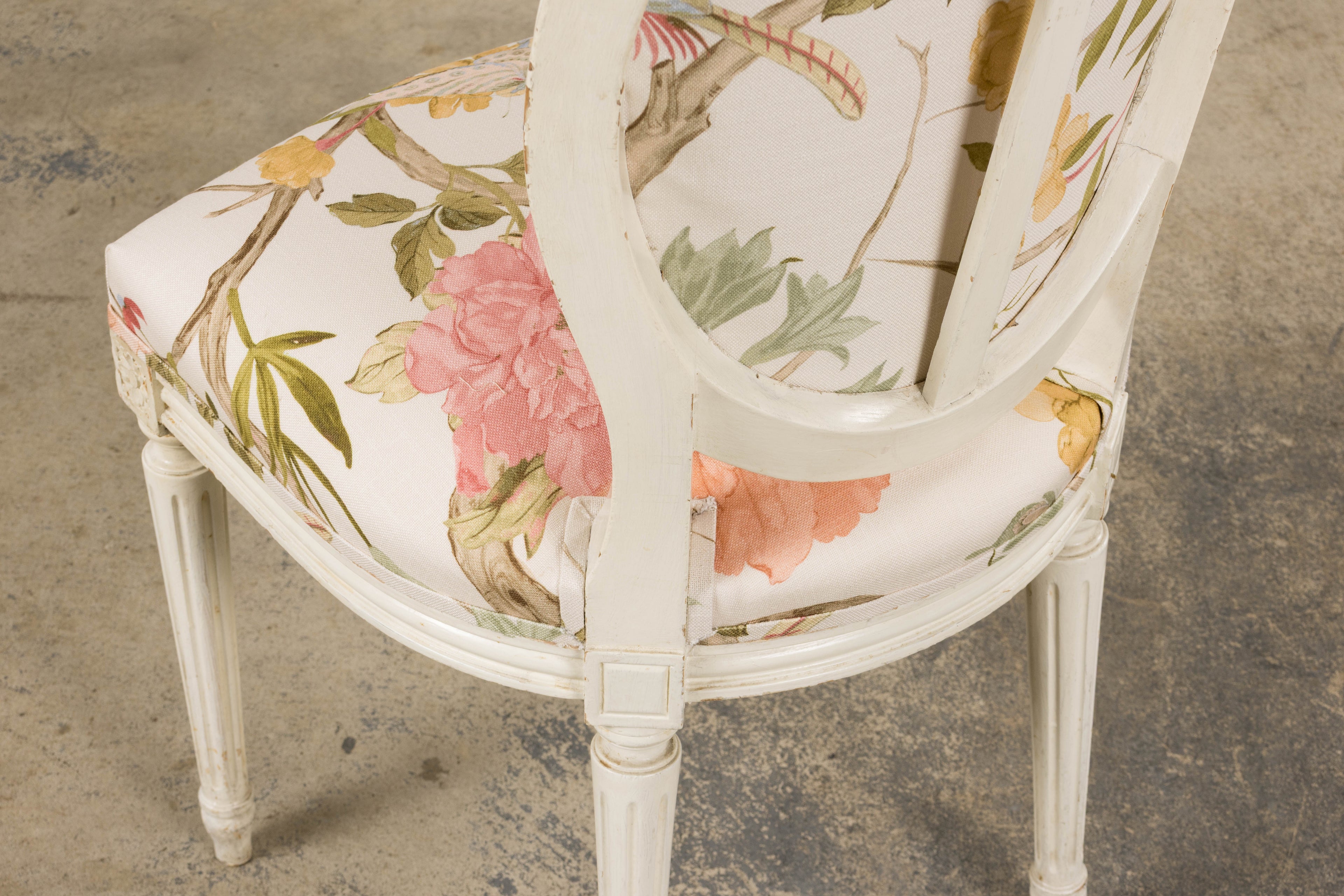 Antique French Louis XVI Style Painted Side Chairs in Pink Chinoiseries Fabric - A Pair