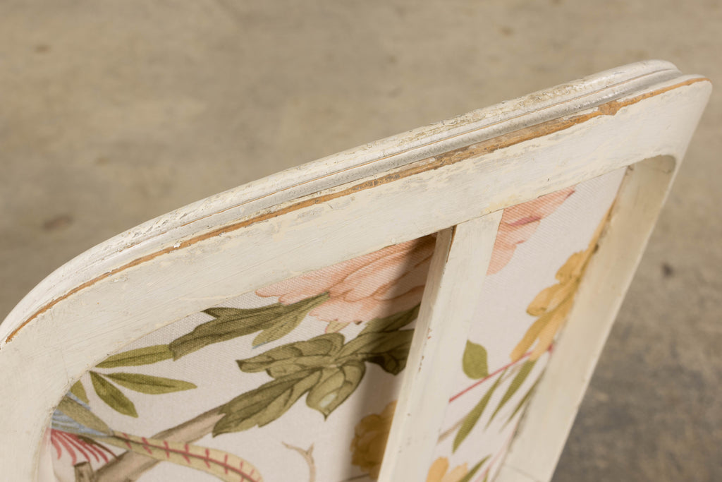 Antique French Louis XVI Style Painted Side Chairs in Pink Chinoiseries Fabric - A Pair