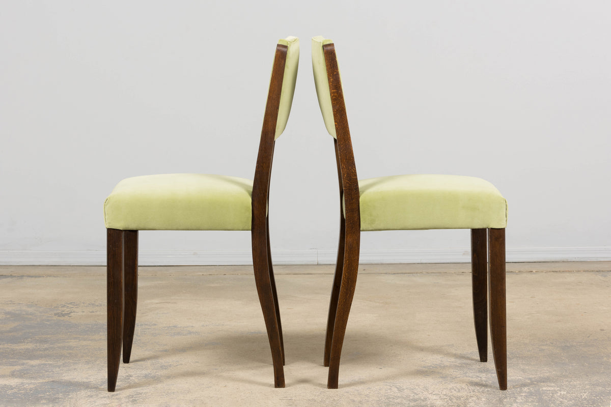 1930s French Art Deco Oak Dining Chairs in Laurel Green Velvet - Set of 6