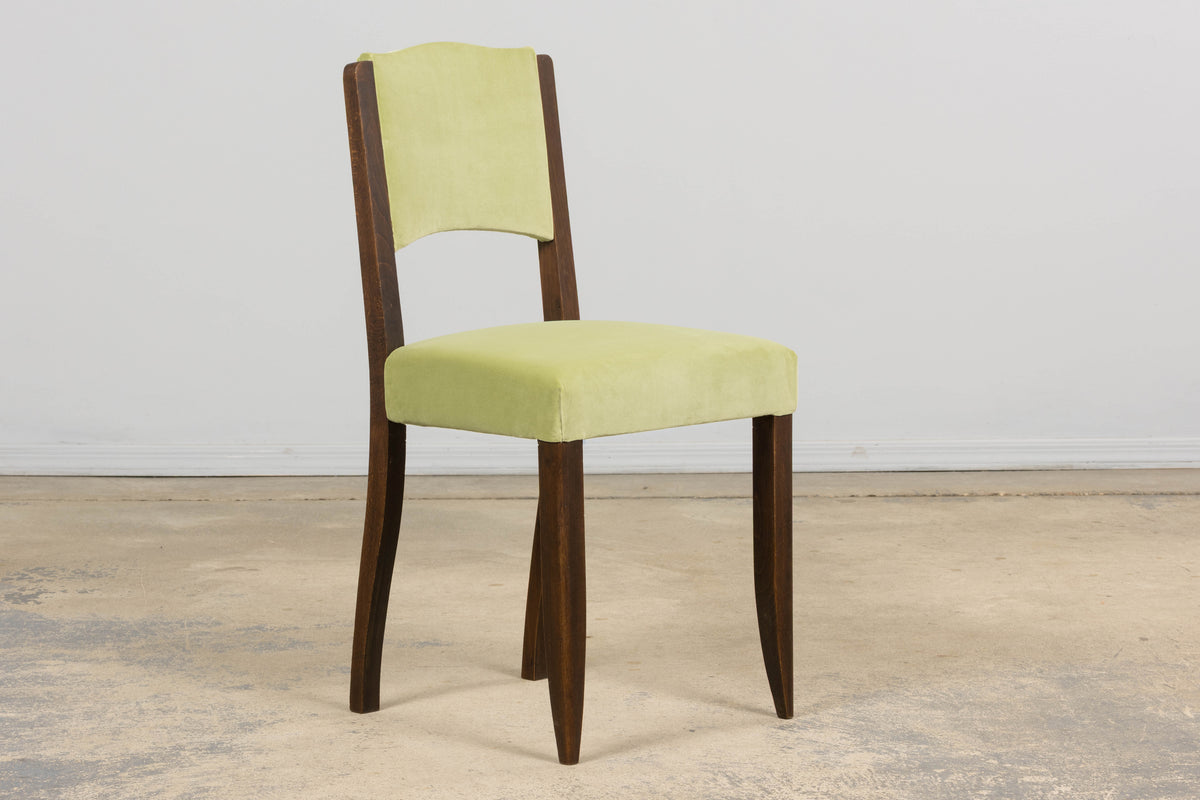 1930s French Art Deco Oak Dining Chairs in Laurel Green Velvet - Set of 6