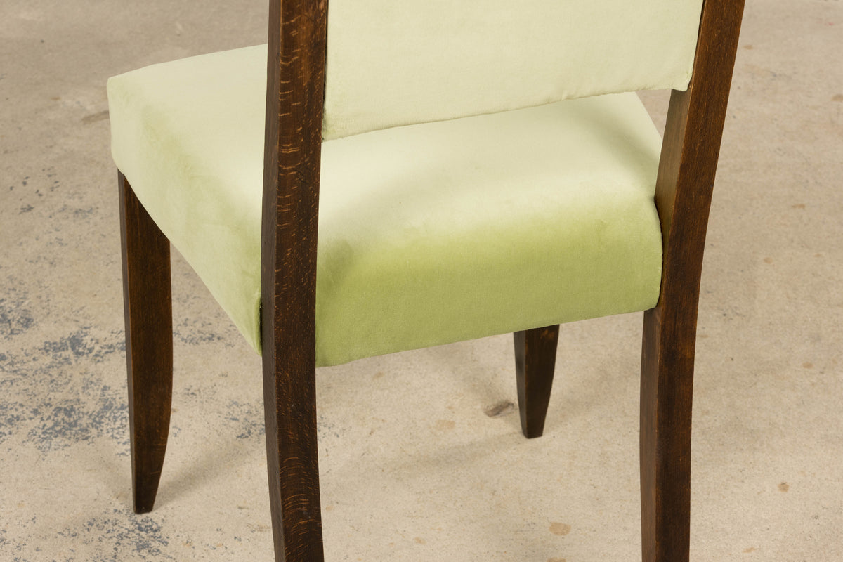 1930s French Art Deco Oak Dining Chairs in Laurel Green Velvet - Set of 6