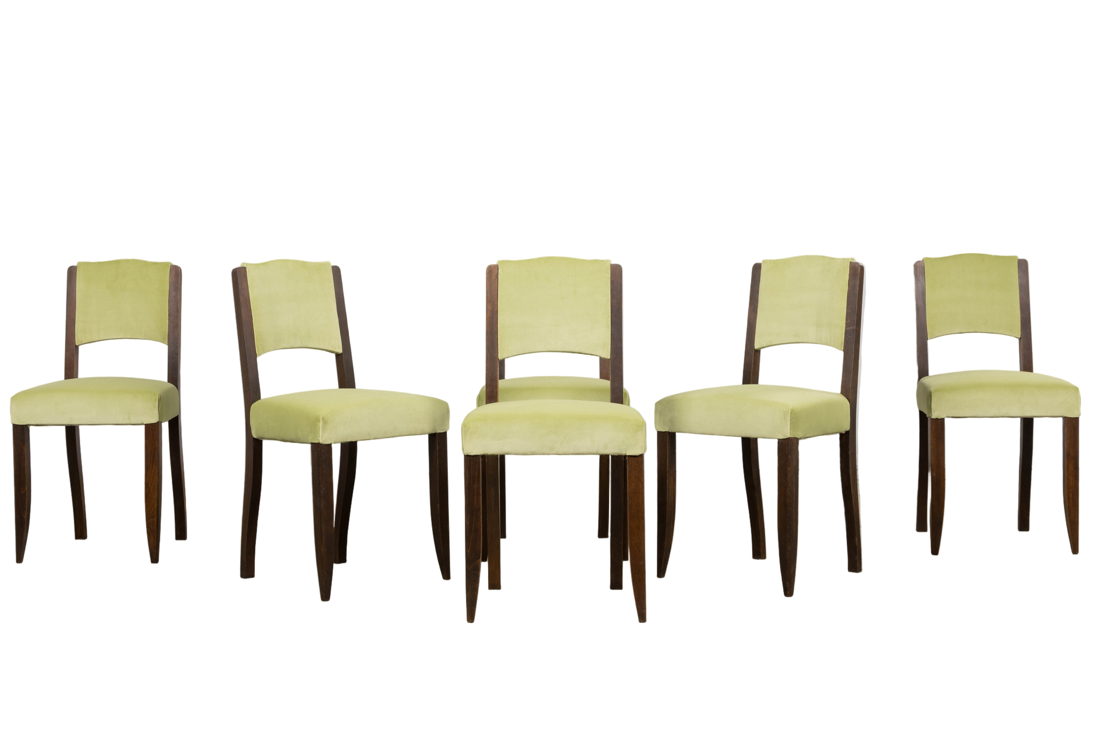 1930s French Art Deco Oak Dining Chairs in Laurel Green Velvet - Set of 6