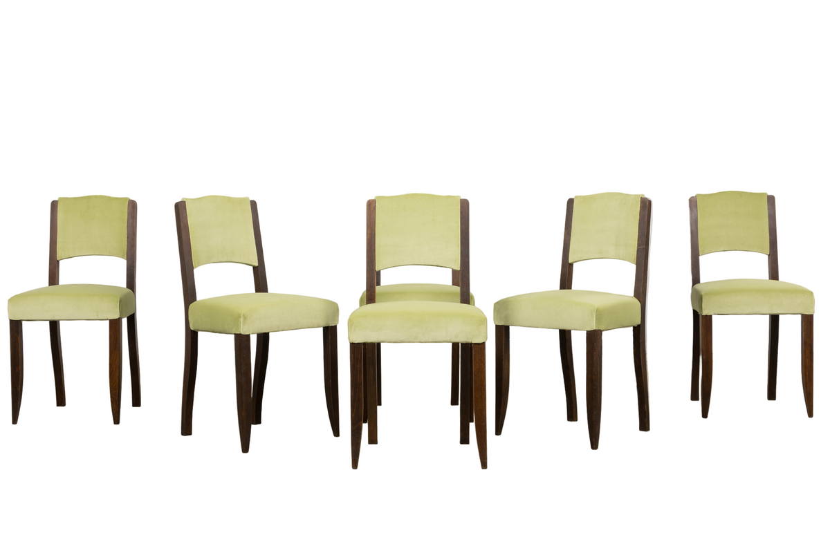 1930s French Art Deco Oak Dining Chairs in Laurel Green Velvet - Set of 6