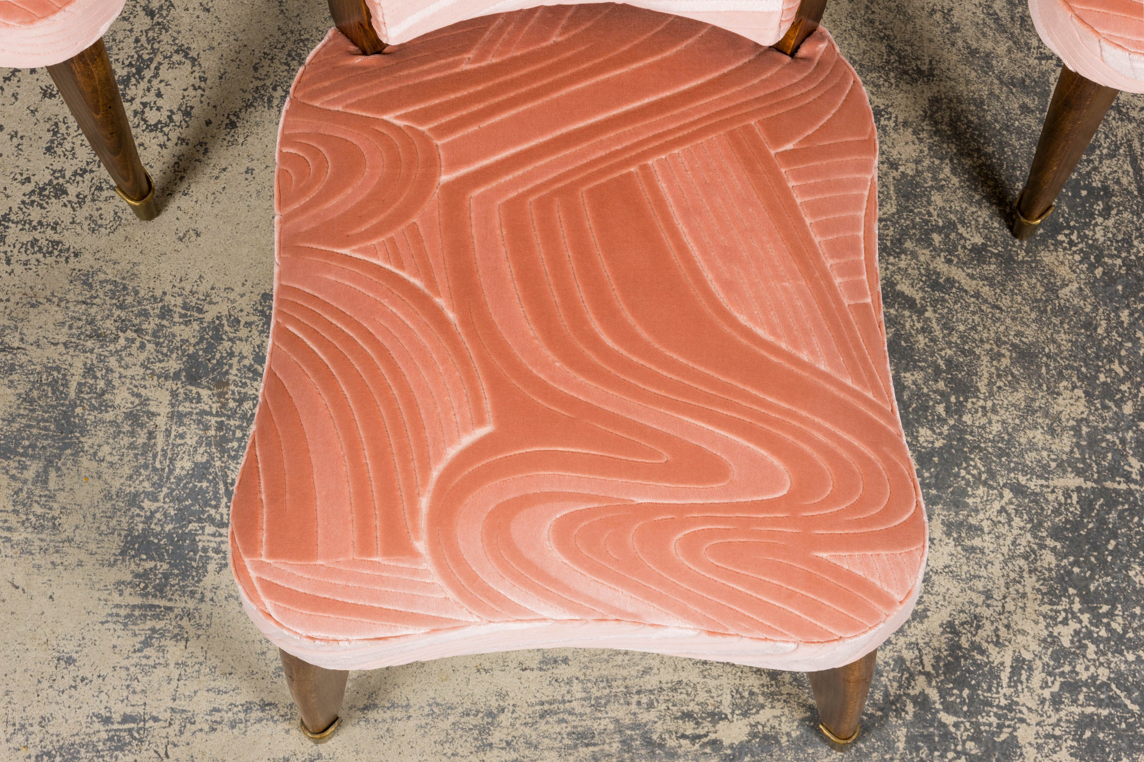 1940s French Parisian Art Deco Oak Dining Chairs in Blush Velvet - Set of 6