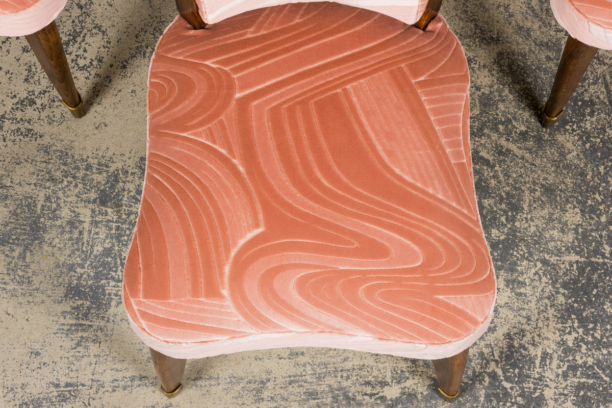 1940s French Parisian Art Deco Oak Dining Chairs in Blush Velvet - Set of 6