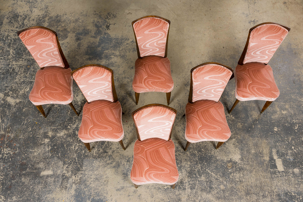 1940s French Parisian Art Deco Oak Dining Chairs in Blush Velvet - Set of 6