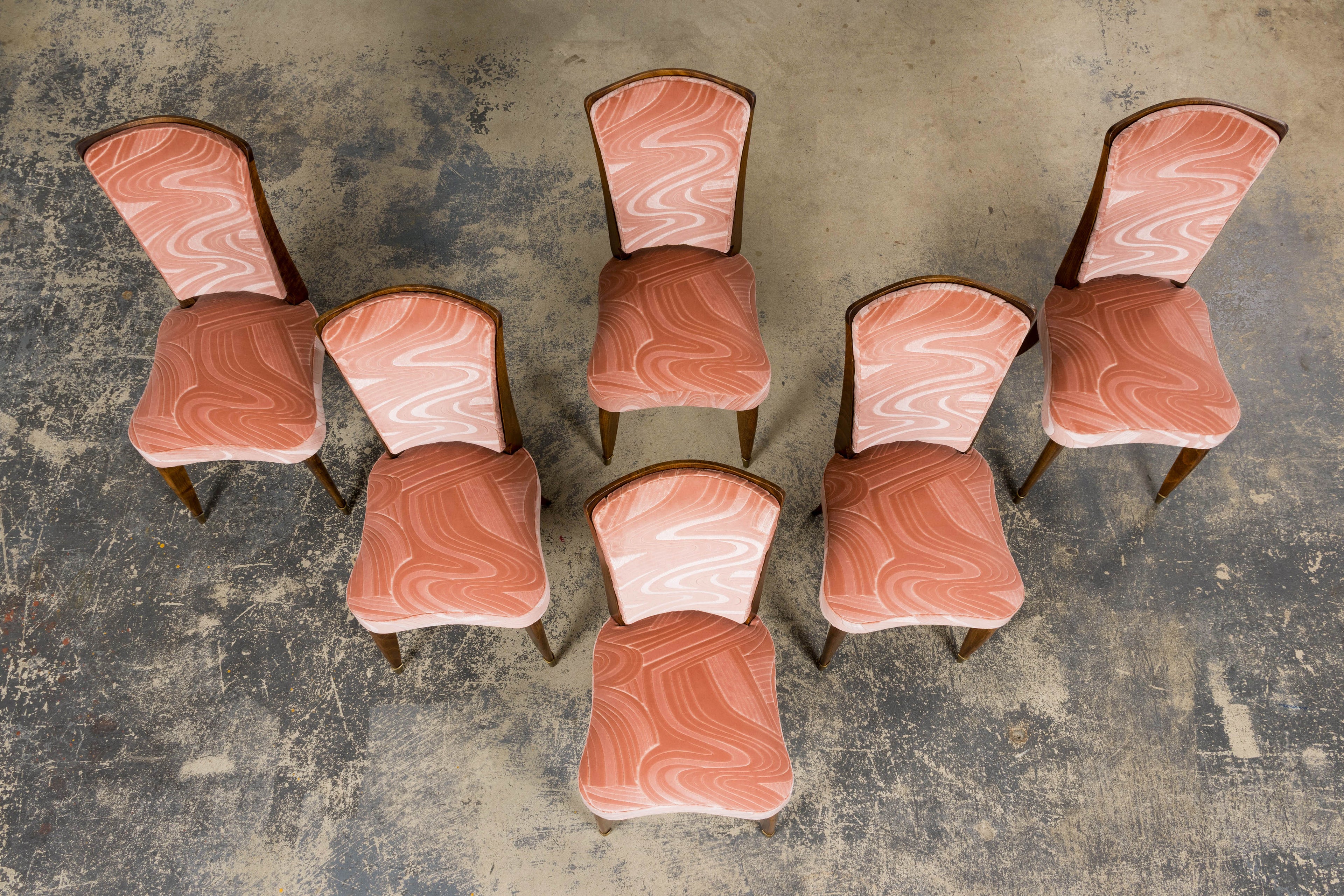 1940s French Parisian Art Deco Oak Dining Chairs in Blush Velvet - Set of 6