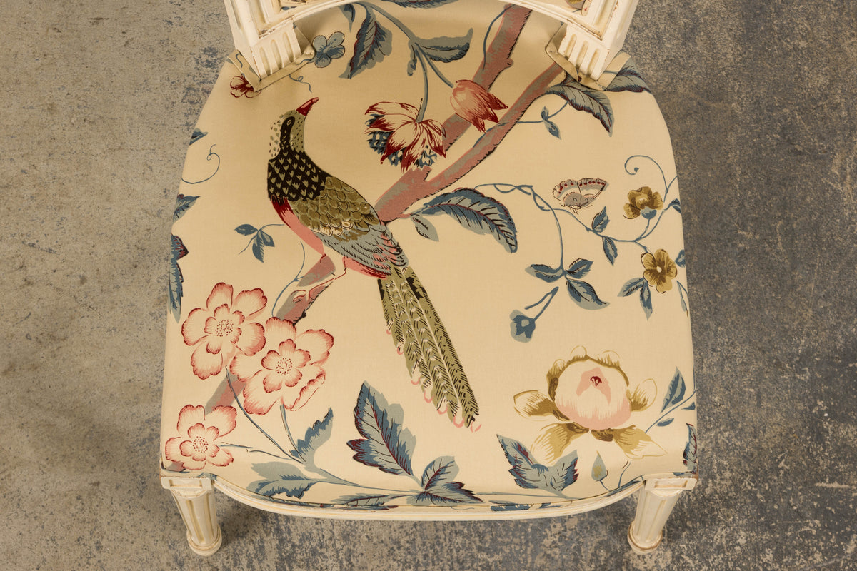 Antique French Louis XVI Style Painted Accent Side Chair in Beige Chinoiserie Fabric