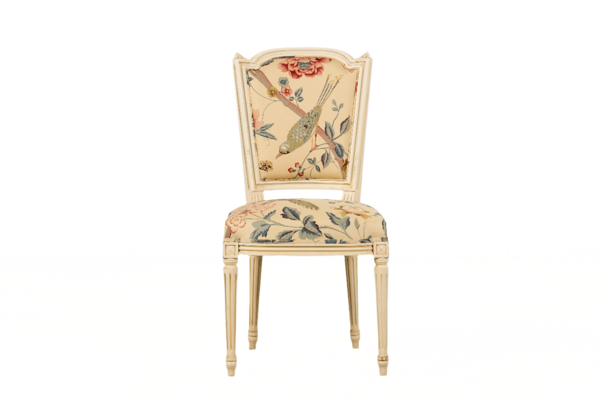 Antique French Louis XVI Style Painted Accent Side Chair in Beige Chinoiserie Fabric