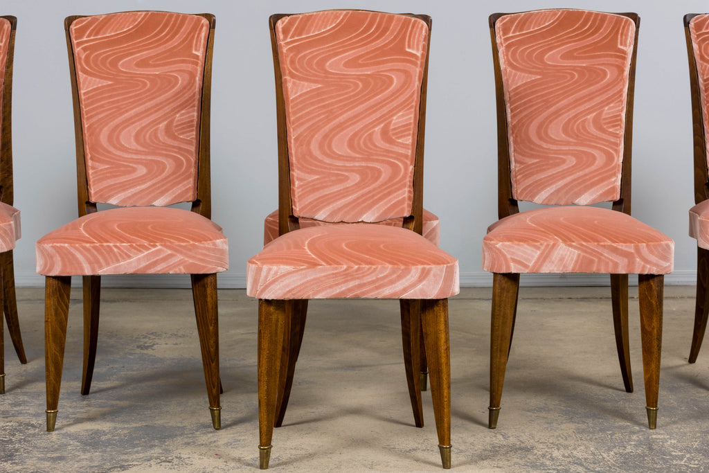 1940s French Parisian Art Deco Oak Dining Chairs in Blush Velvet - Set of 6