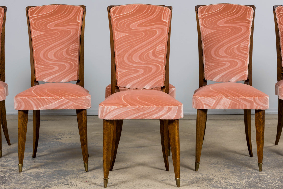1940s French Parisian Art Deco Oak Dining Chairs in Blush Velvet - Set of 6