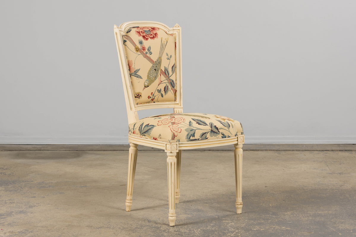 Antique French Louis XVI Style Painted Accent Side Chair in Beige Chinoiserie Fabric