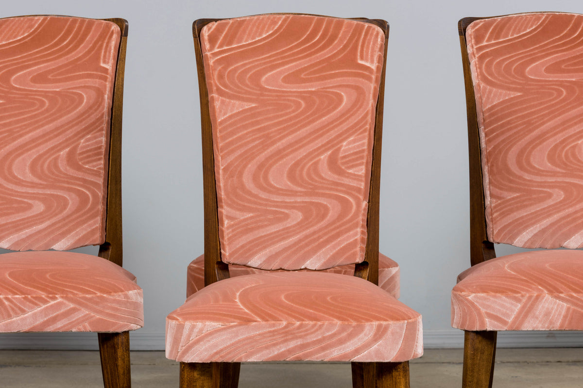 1940s French Parisian Art Deco Oak Dining Chairs in Blush Velvet - Set of 6