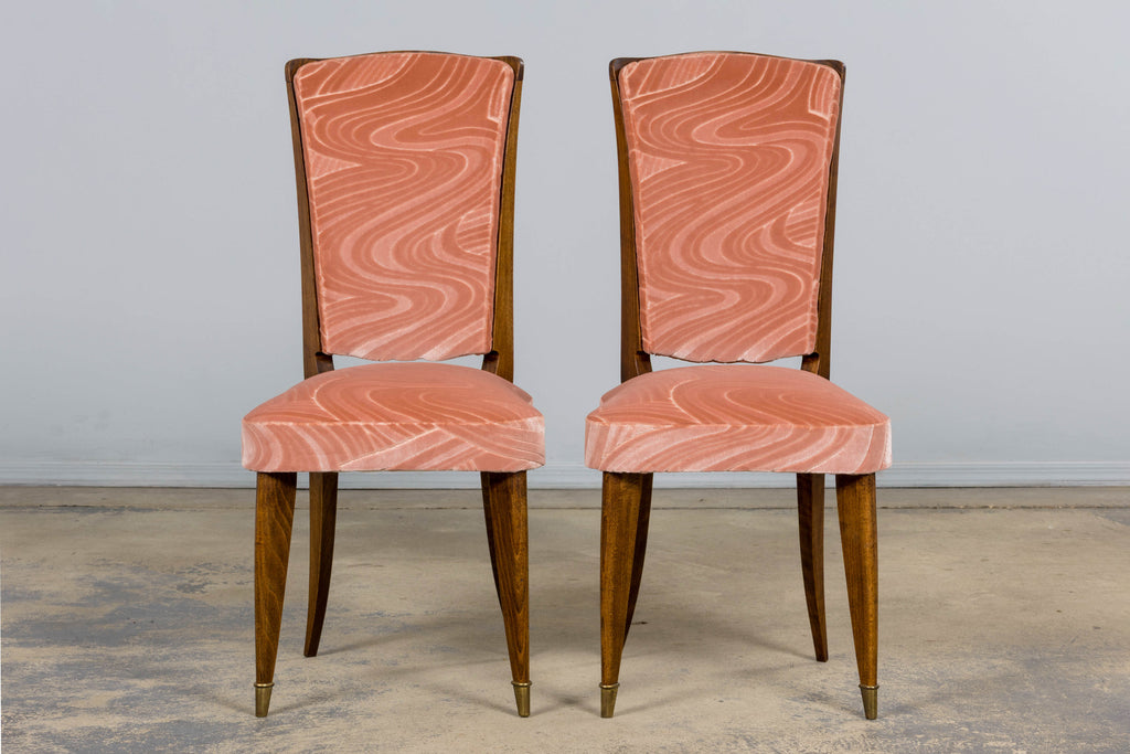 1940s French Parisian Art Deco Oak Dining Chairs in Blush Velvet - Set of 6