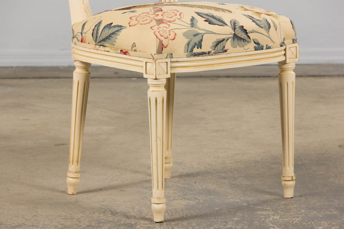Antique French Louis XVI Style Painted Accent Side Chair in Beige Chinoiserie Fabric
