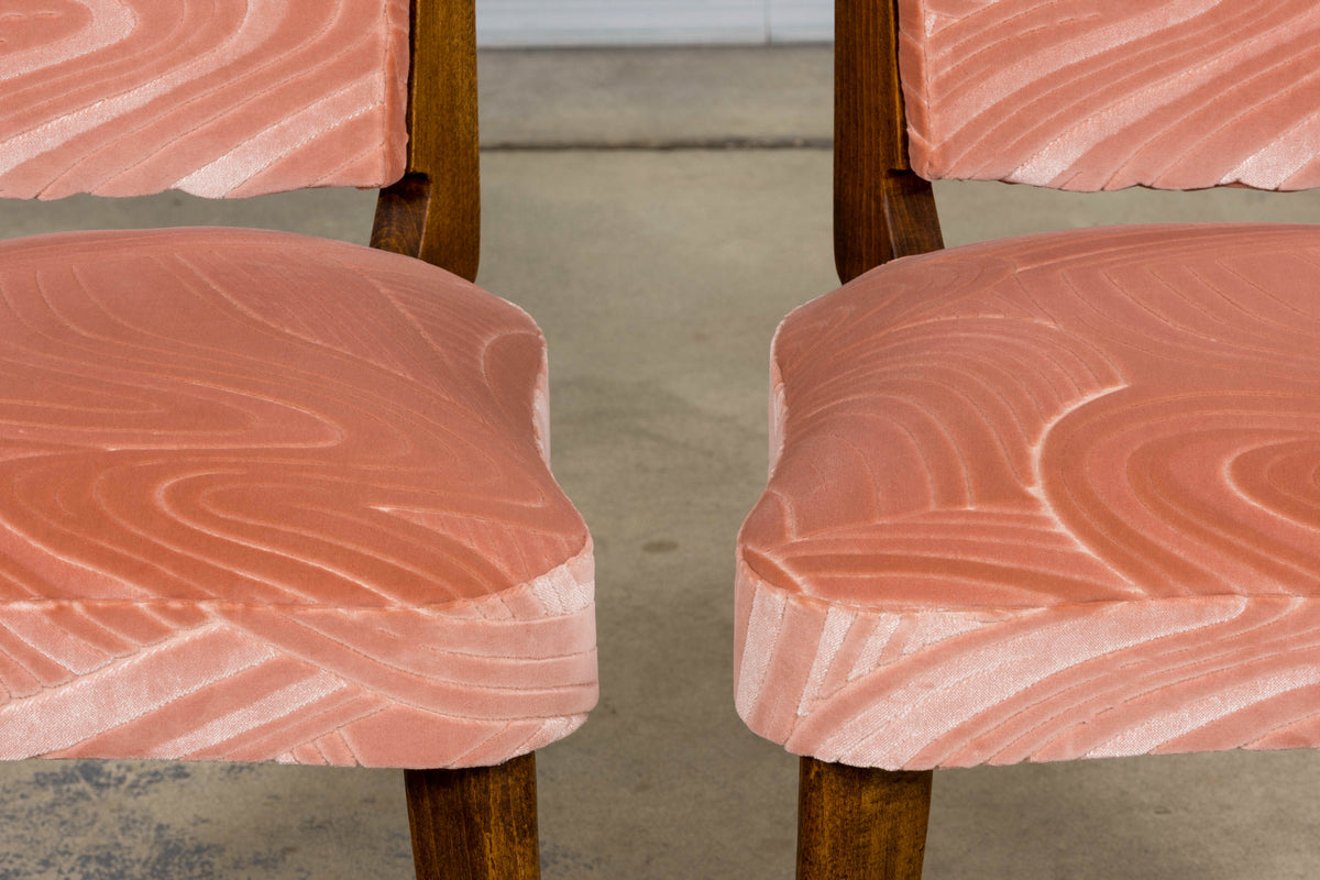 1940s French Parisian Art Deco Oak Dining Chairs in Blush Velvet - Set of 6