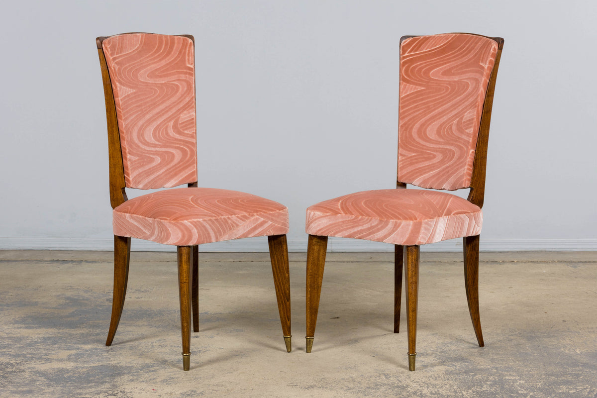 1940s French Parisian Art Deco Oak Dining Chairs in Blush Velvet - Set of 6