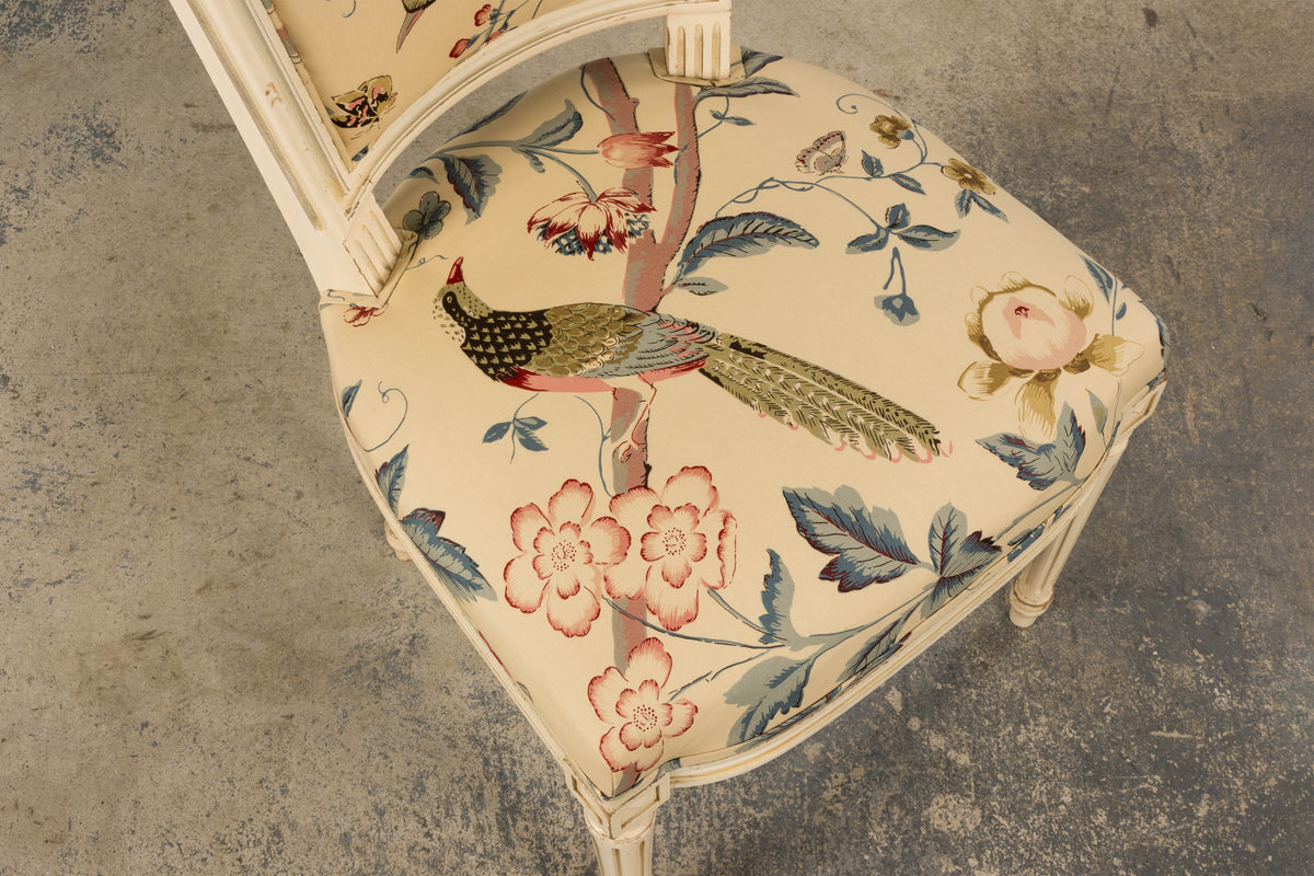 Antique French Louis XVI Style Painted Accent Side Chair in Beige Chinoiserie Fabric