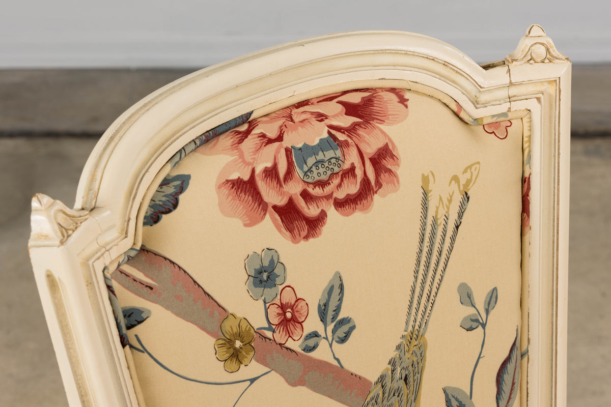 Antique French Louis XVI Style Painted Accent Side Chair in Beige Chinoiserie Fabric
