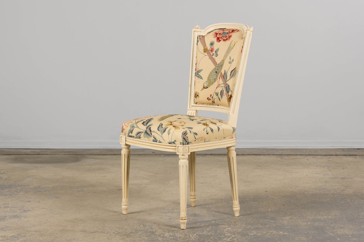 Antique French Louis XVI Style Painted Accent Side Chair in Beige Chinoiserie Fabric