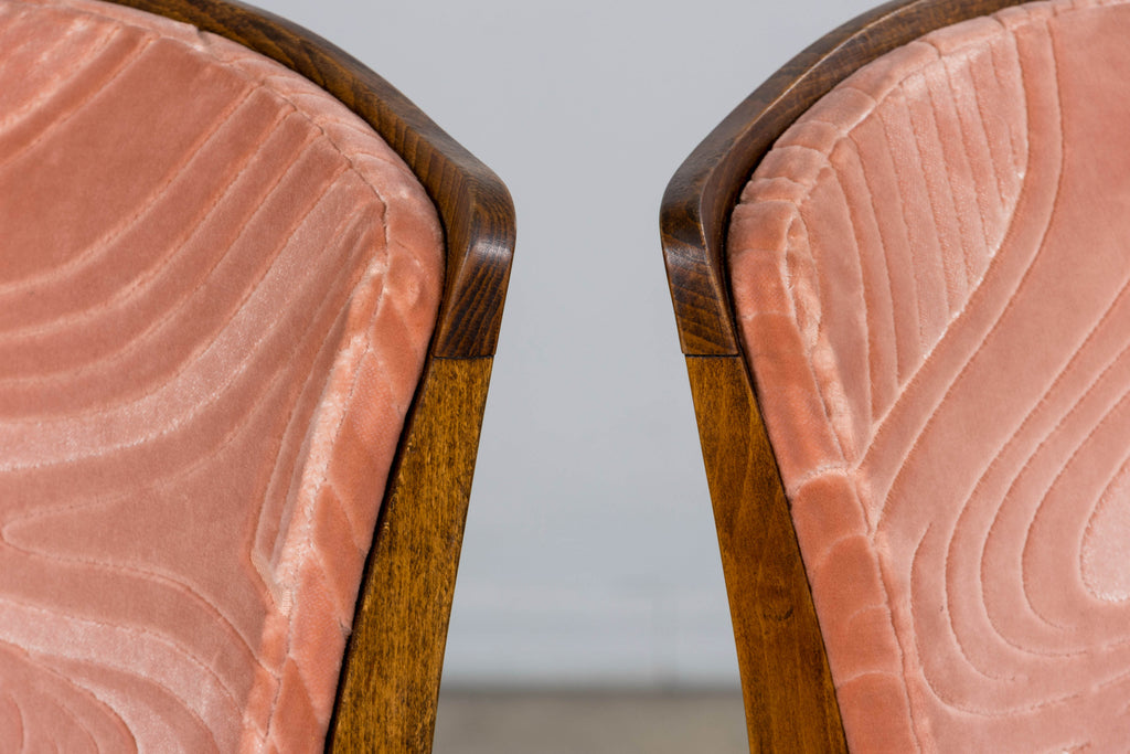 1940s French Parisian Art Deco Oak Dining Chairs in Blush Velvet - Set of 6
