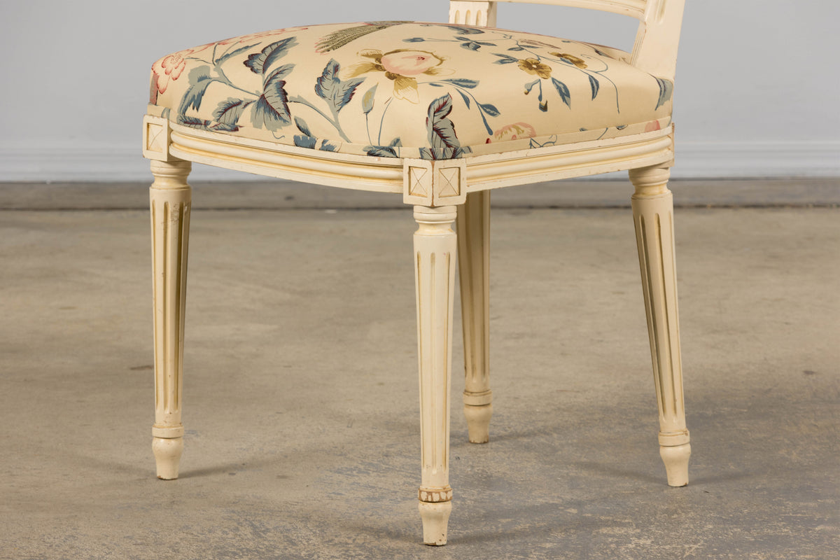 Antique French Louis XVI Style Painted Accent Side Chair in Beige Chinoiserie Fabric