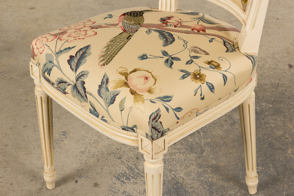 Antique French Louis XVI Style Painted Accent Side Chair in Beige Chinoiserie Fabric