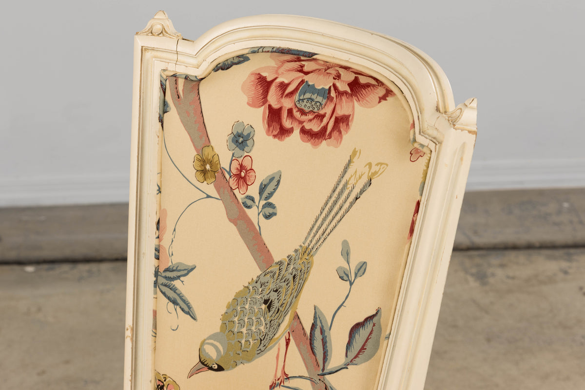 Antique French Louis XVI Style Painted Accent Side Chair in Beige Chinoiserie Fabric