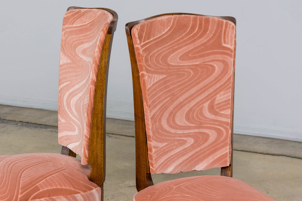 1940s French Parisian Art Deco Oak Dining Chairs in Blush Velvet - Set of 6