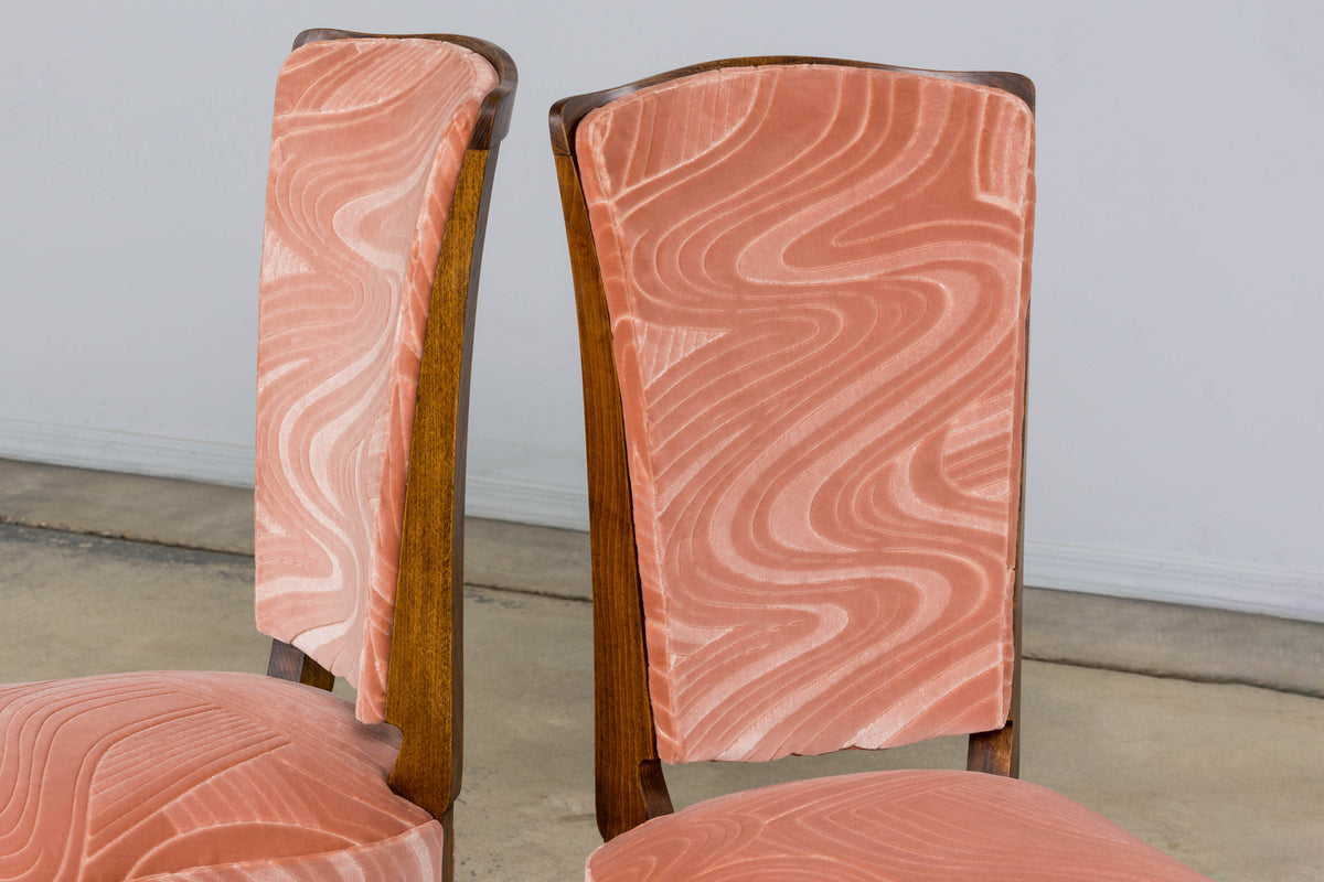 1940s French Parisian Art Deco Oak Dining Chairs in Blush Velvet - Set of 6