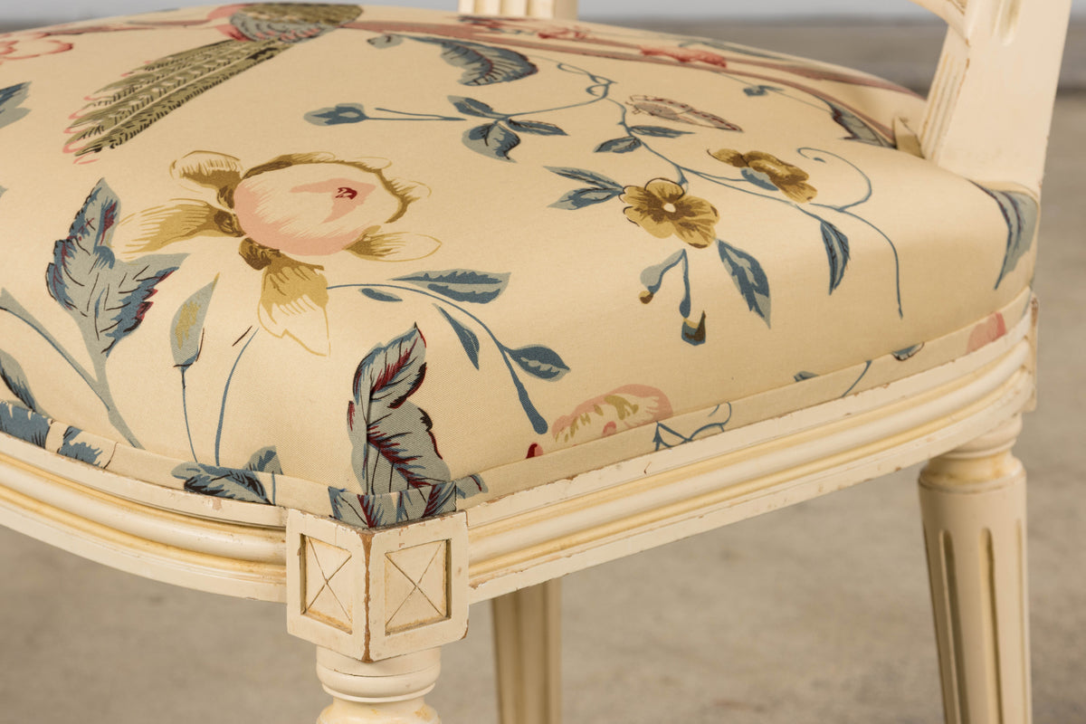 Antique French Louis XVI Style Painted Accent Side Chair in Beige Chinoiserie Fabric