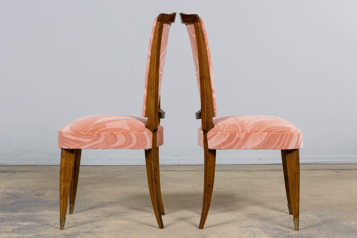 1940s French Parisian Art Deco Oak Dining Chairs in Blush Velvet - Set of 6