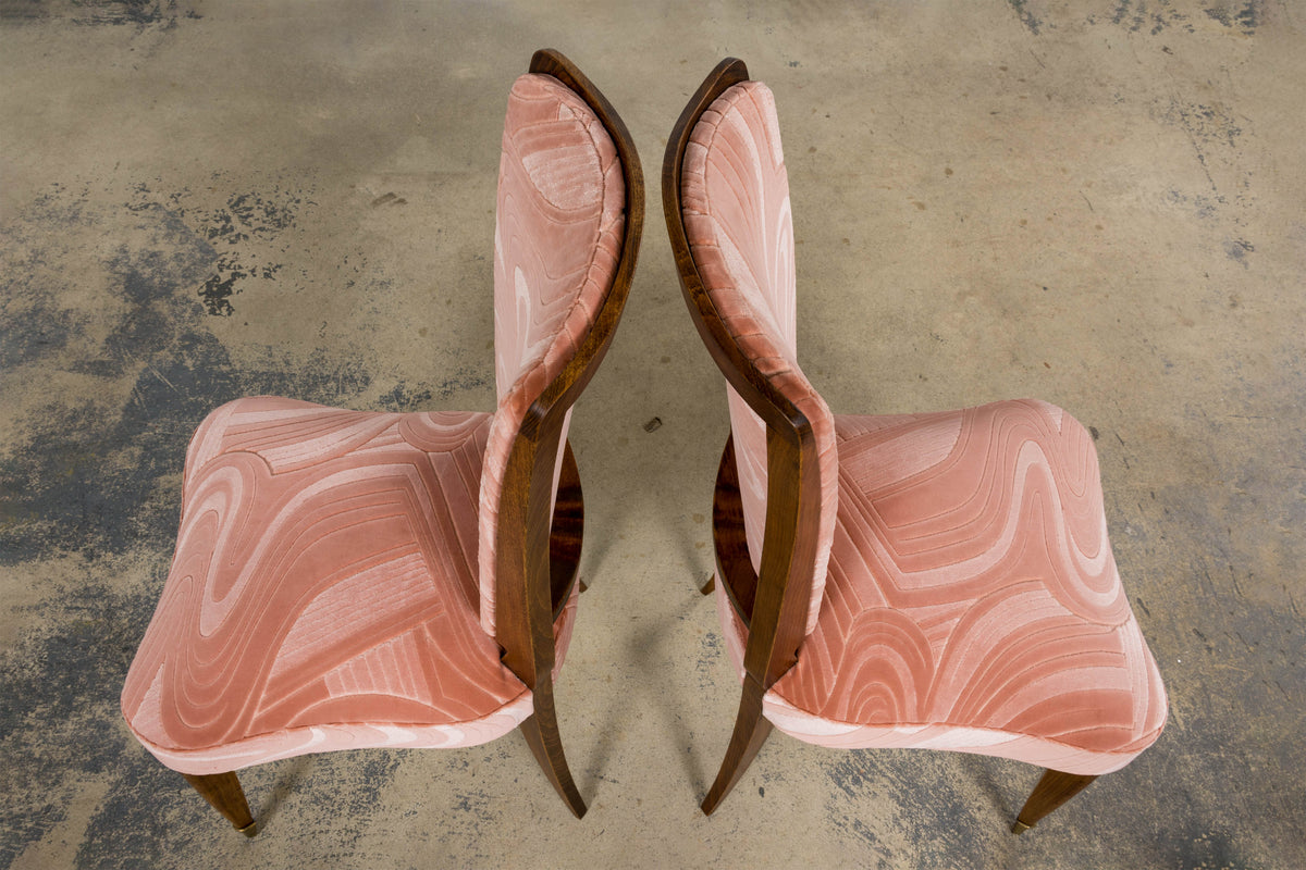 1940s French Parisian Art Deco Oak Dining Chairs in Blush Velvet - Set of 6