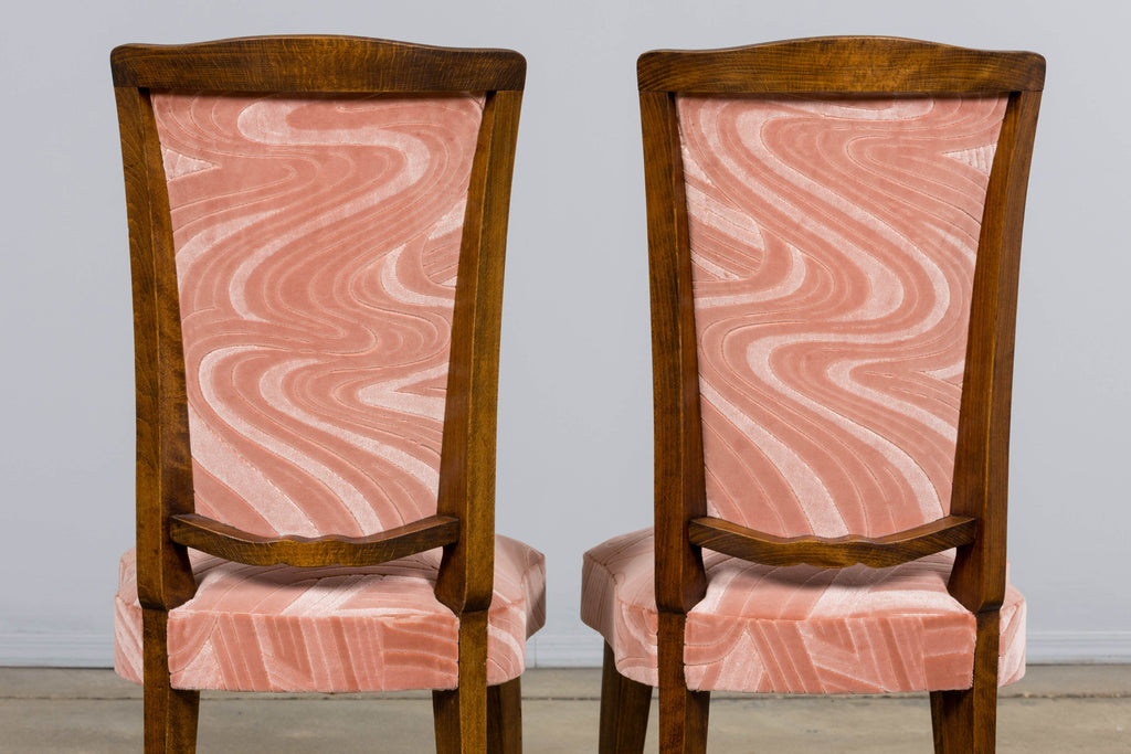 1940s French Parisian Art Deco Oak Dining Chairs in Blush Velvet - Set of 6