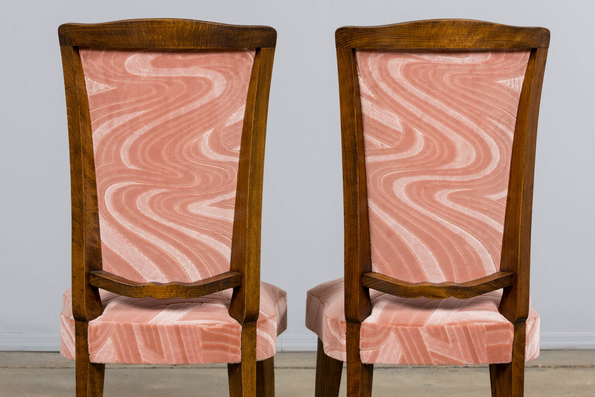 1940s French Parisian Art Deco Oak Dining Chairs in Blush Velvet - Set of 6