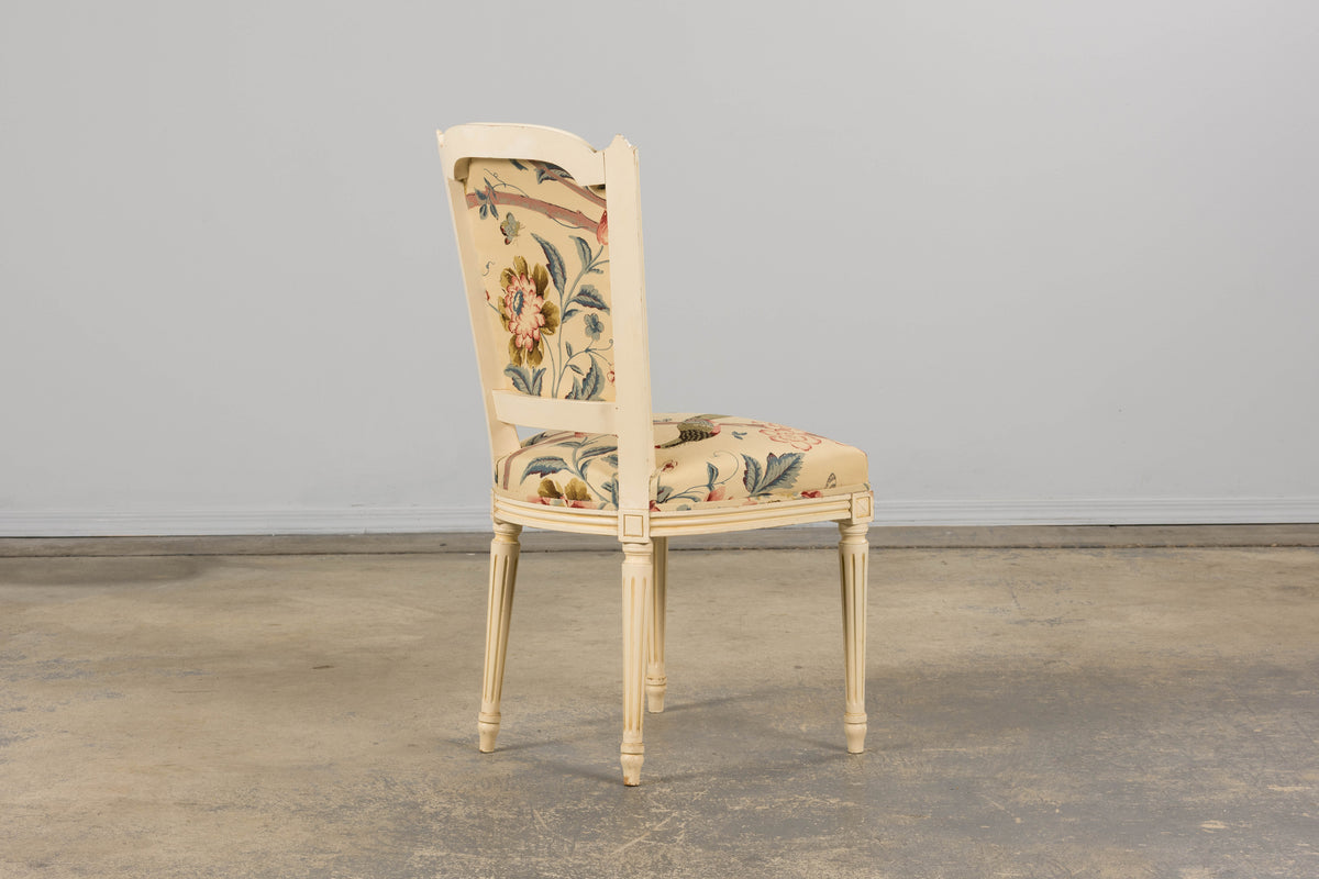 Antique French Louis XVI Style Painted Accent Side Chair in Beige Chinoiserie Fabric