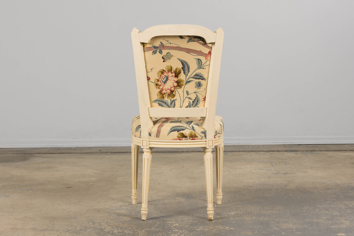 Antique French Louis XVI Style Painted Accent Side Chair in Beige Chinoiserie Fabric