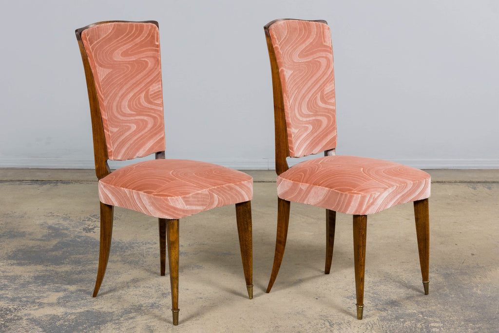 1940s French Parisian Art Deco Oak Dining Chairs in Blush Velvet - Set of 6