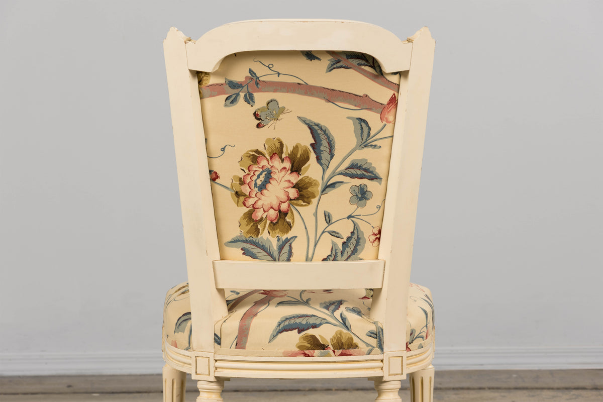 Antique French Louis XVI Style Painted Accent Side Chair in Beige Chinoiserie Fabric