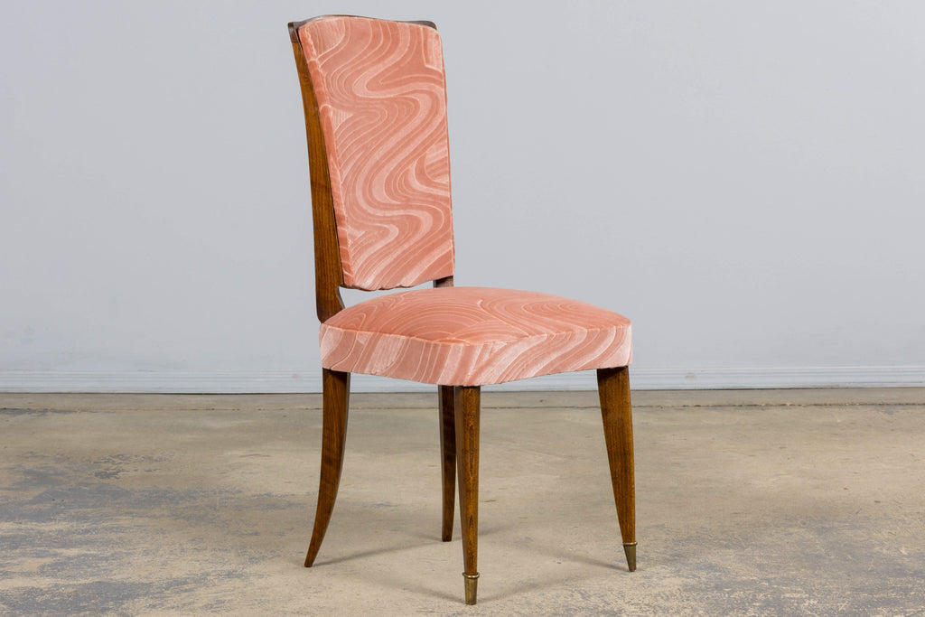1940s French Parisian Art Deco Oak Dining Chairs in Blush Velvet - Set of 6