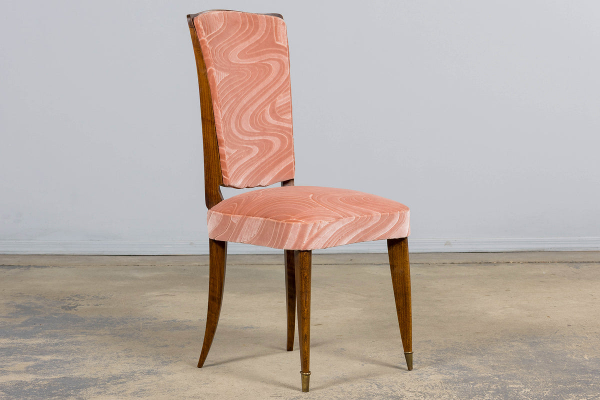 1940s French Parisian Art Deco Oak Dining Chairs in Blush Velvet - Set of 6