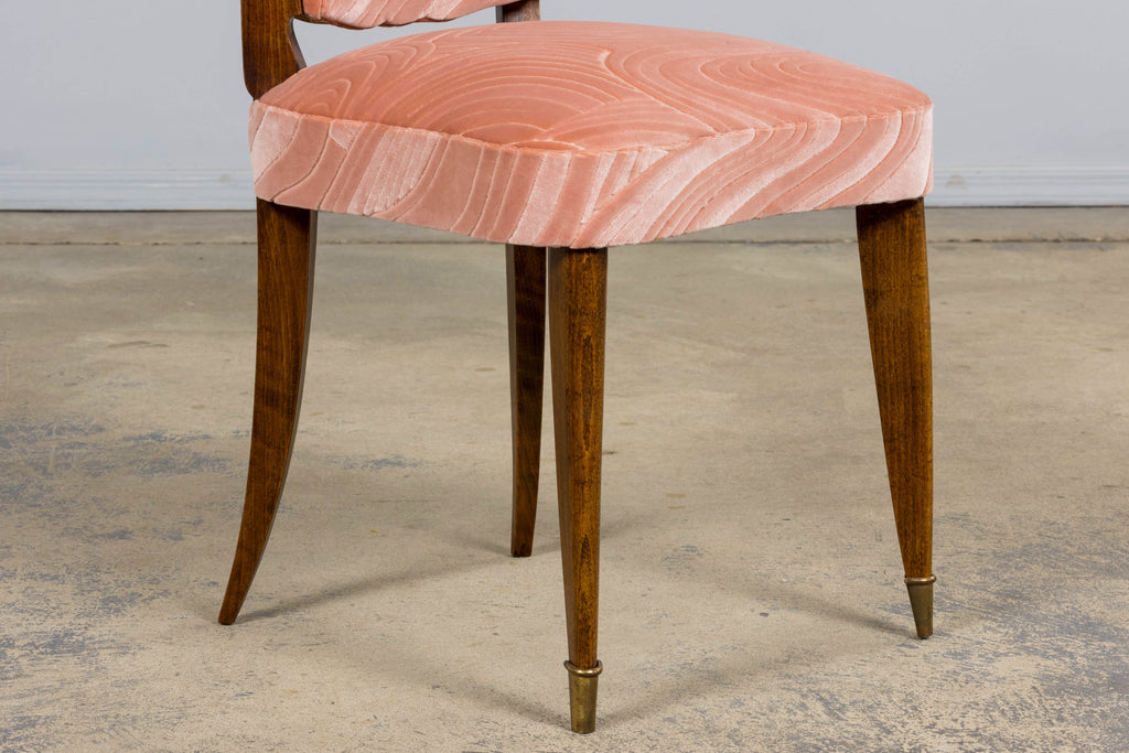 1940s French Parisian Art Deco Oak Dining Chairs in Blush Velvet - Set of 6