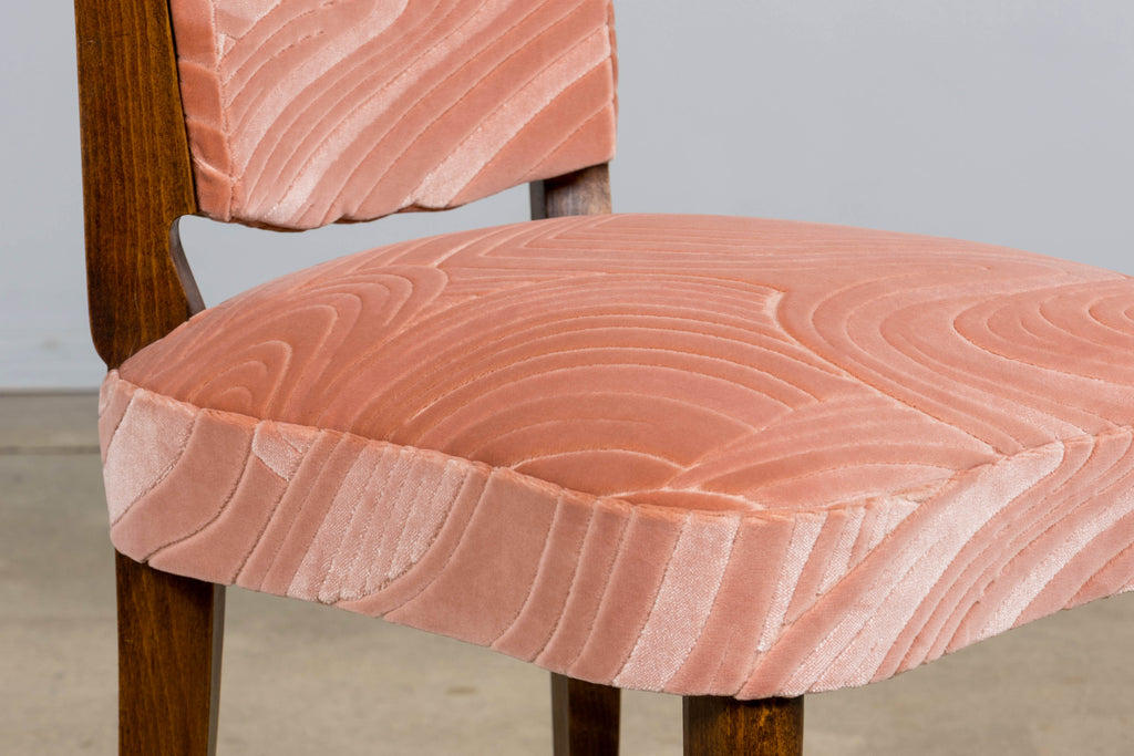1940s French Parisian Art Deco Oak Dining Chairs in Blush Velvet - Set of 6