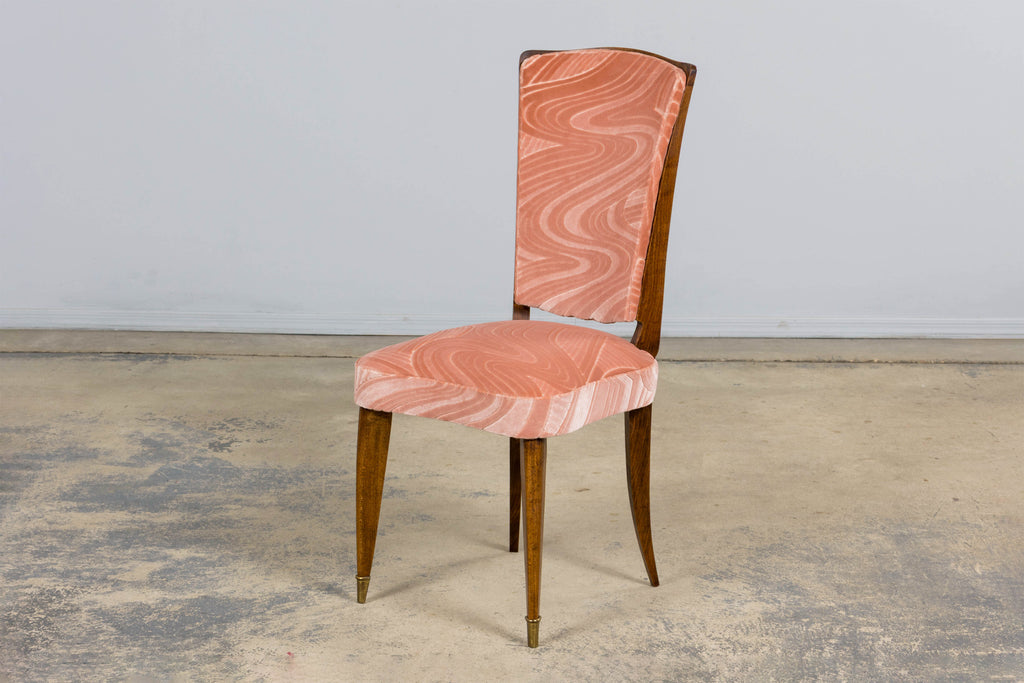 1940s French Parisian Art Deco Oak Dining Chairs in Blush Velvet - Set of 6