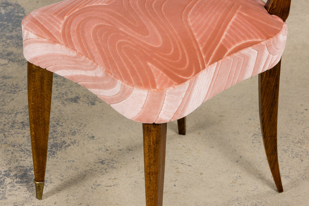 1940s French Parisian Art Deco Oak Dining Chairs in Blush Velvet - Set of 6