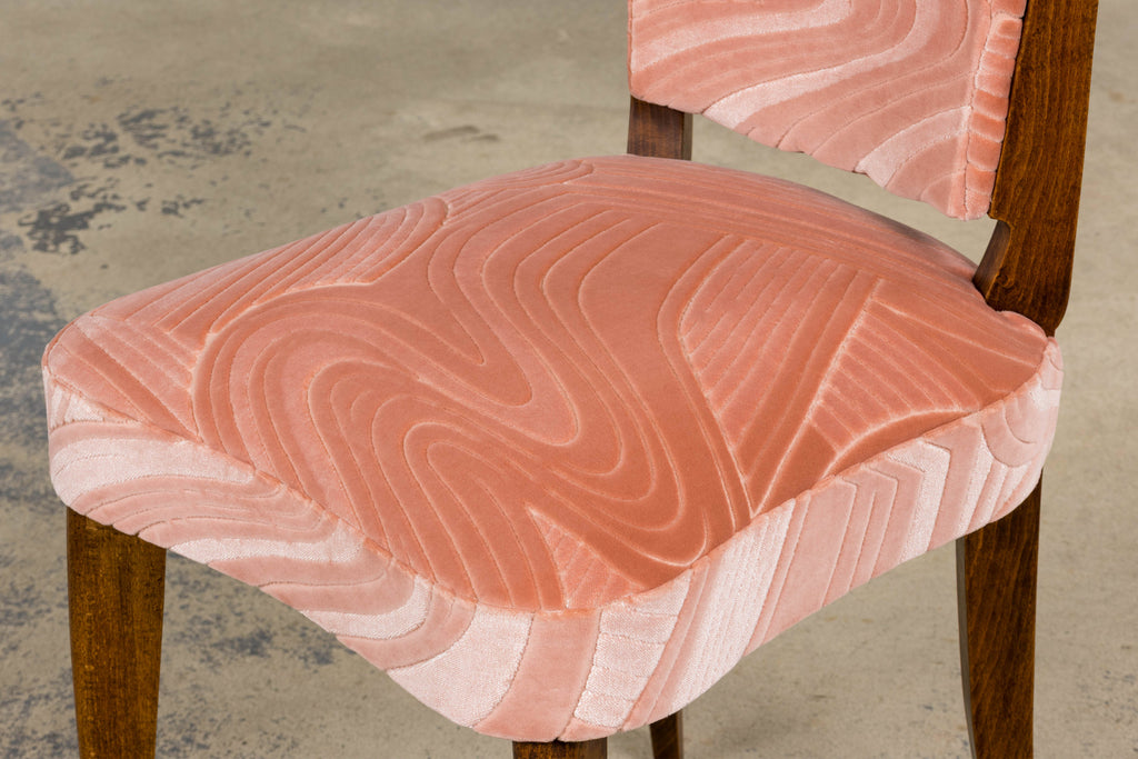1940s French Parisian Art Deco Oak Dining Chairs in Blush Velvet - Set of 6