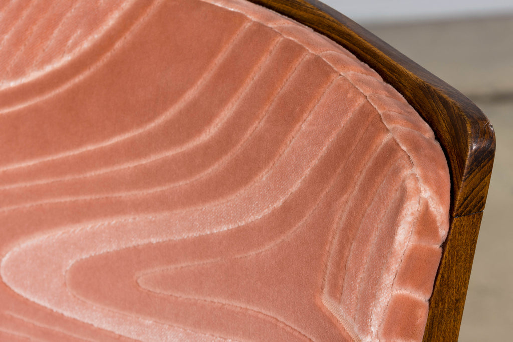 1940s French Parisian Art Deco Oak Dining Chairs in Blush Velvet - Set of 6