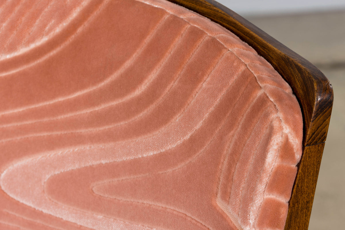 1940s French Parisian Art Deco Oak Dining Chairs in Blush Velvet - Set of 6