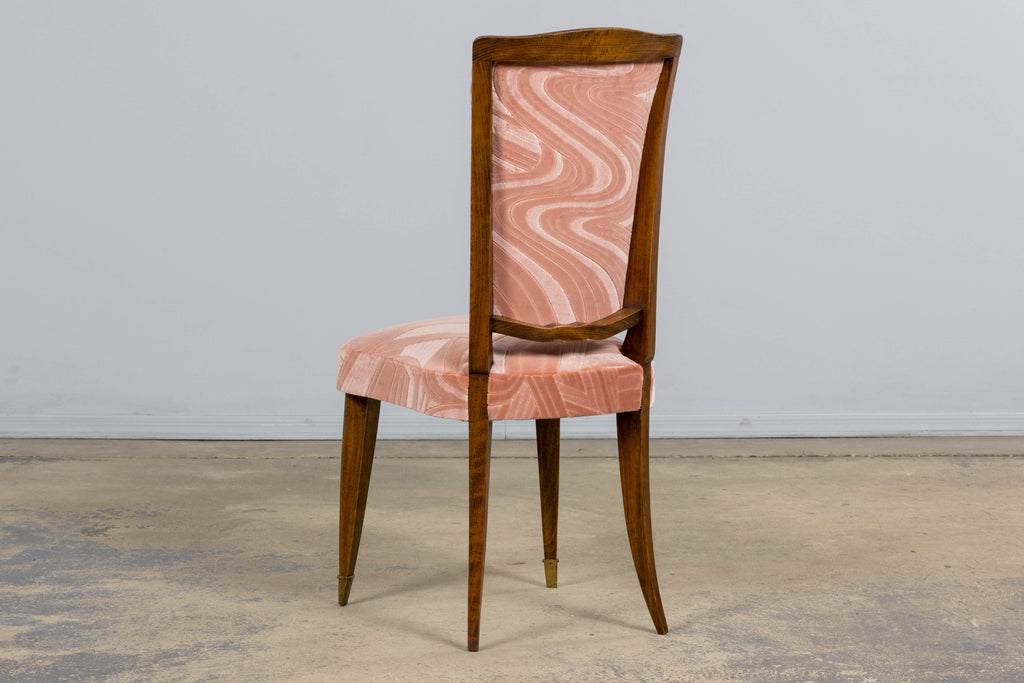 1940s French Parisian Art Deco Oak Dining Chairs in Blush Velvet - Set of 6