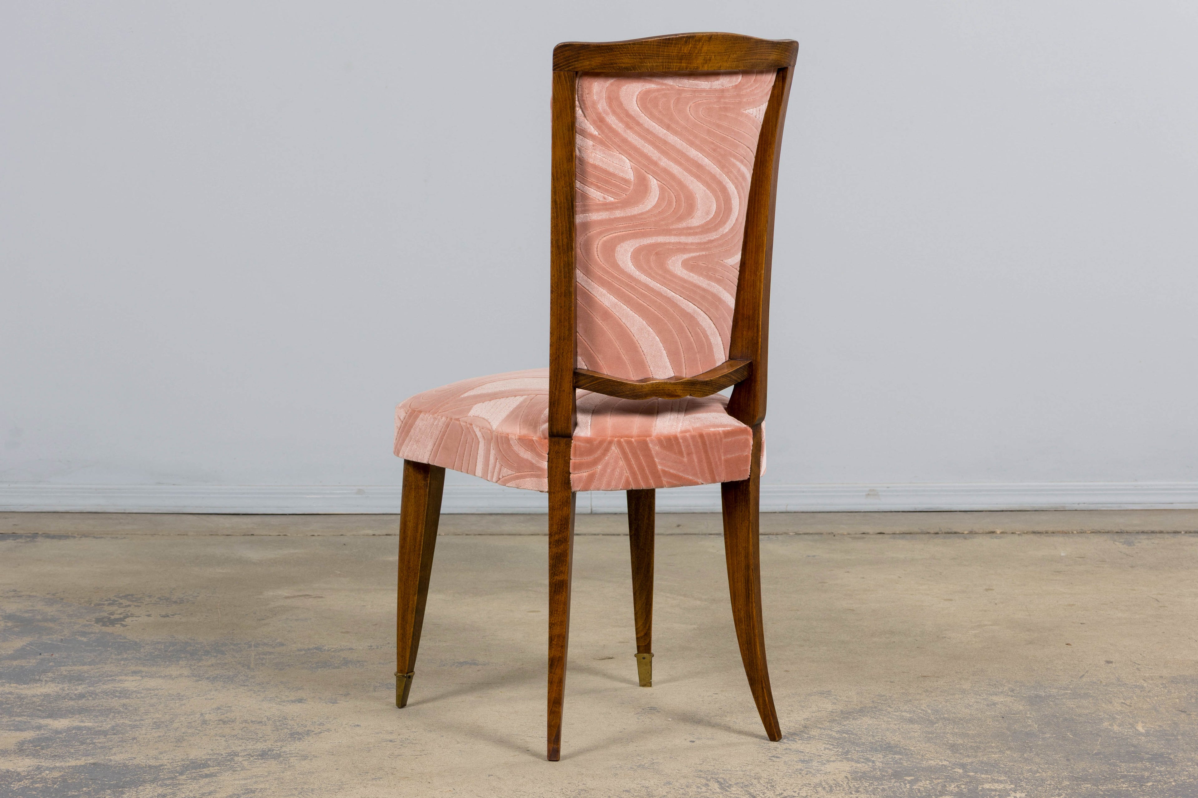1940s French Parisian Art Deco Oak Dining Chairs in Blush Velvet - Set of 6